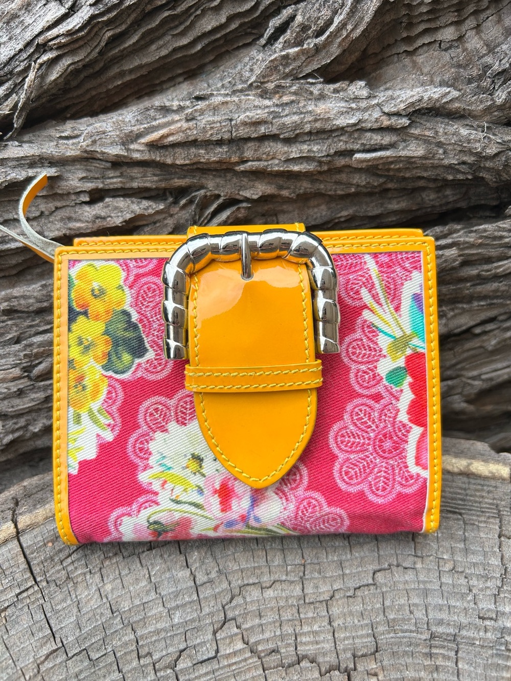 Dolce and Gabbana Bright Floral Fold Wallet with Yellow Patent Buckle